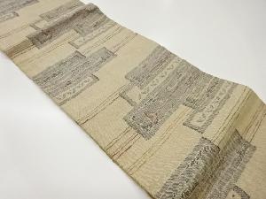 手織り紬短冊に植物模様織出し名古屋帯